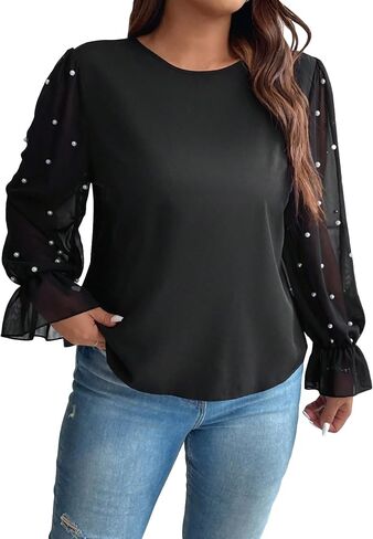 GORGLITTER Women's Plus Size Pearls Beaded Blouse Shirts Flare Sleeve Round Neck Shirt Tops in Saudi Arabia