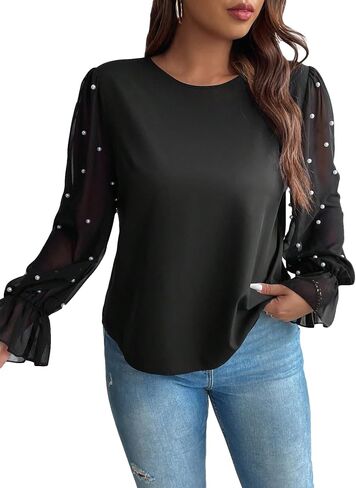 GORGLITTER Women's Plus Size Pearls Beaded Blouse Shirts Flare Sleeve Round Neck Shirt Tops in Saudi Arabia