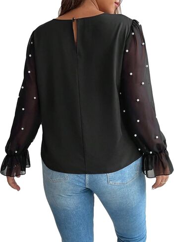 GORGLITTER Women's Plus Size Pearls Beaded Blouse Shirts Flare Sleeve Round Neck Shirt Tops in Saudi Arabia
