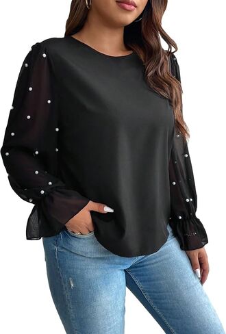 GORGLITTER Women's Plus Size Pearls Beaded Blouse Shirts Flare Sleeve Round Neck Shirt Tops in Saudi Arabia