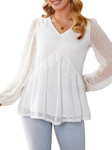 FAIRY SEASON Women's Flowy Ruffle Chiffon Tops V-Neck Swiss Dot Sheer Long Puff Sleeve Blouse Loose Babydoll Shirts in Kuwait