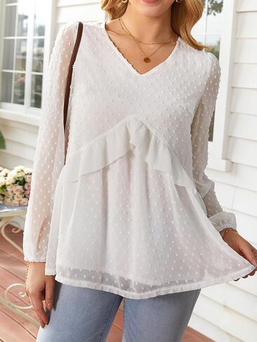 FAIRY SEASON Women's Flowy Ruffle Chiffon Tops V-Neck Swiss Dot Sheer Long Puff Sleeve Blouse Loose Babydoll Shirts in Kuwait