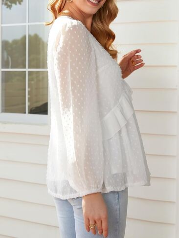 FAIRY SEASON Women's Flowy Ruffle Chiffon Tops V-Neck Swiss Dot Sheer Long Puff Sleeve Blouse Loose Babydoll Shirts in Kuwait