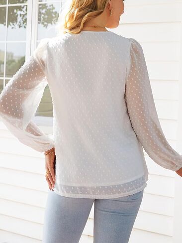 FAIRY SEASON Women's Flowy Ruffle Chiffon Tops V-Neck Swiss Dot Sheer Long Puff Sleeve Blouse Loose Babydoll Shirts in Kuwait