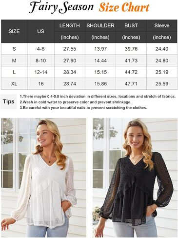 FAIRY SEASON Women's Flowy Ruffle Chiffon Tops V-Neck Swiss Dot Sheer Long Puff Sleeve Blouse Loose Babydoll Shirts in Kuwait