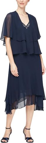 S.L. Fashions Women's Midi Length Beaded V-Neck Tiered Dress with Cascade Jacket in Saudi Arabia