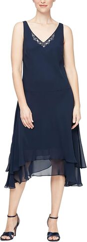 S.L. Fashions Women's Midi Length Beaded V-Neck Tiered Dress with Cascade Jacket in Saudi Arabia
