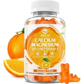Calcium Magnesium Zinc Supplement with Vitamin D3, Calcium Gummies for Women Men, High Potency Magnesium Gummies for Bone & Muscle & Immune Health, Sugar Free Orange Flavors-60 Count