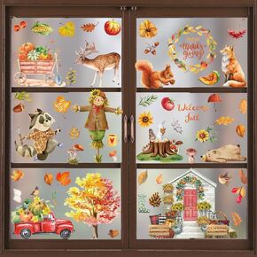 9 Sheets Fall Window Clings Stickers Thanksgiving Window Clings for Glass Windows Autumn Double-Side Design Window Clings Pumpkin Maple Leaf Mushroom Window Decor for Thanksgiving Party Decorations