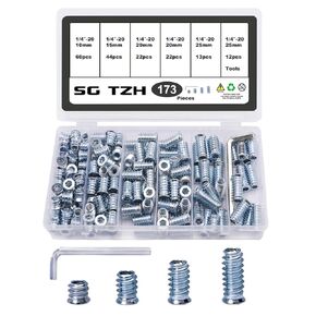 173Pcs Threaded Inserts for Wood Nutsert Screw 1/4-20 x 10mm/15mm/20mm/25mm Hex Drive Furniture Wood Nuts Assortment Set (with Hex Spanner-Bronze)