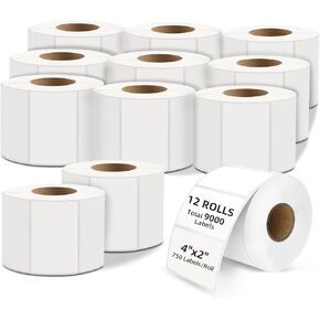 4"x 3" Direct Thermal Labels, 500 Labels/Roll, Commercial Grade, Permanent Adhesive, Compatible with Most Thermal Printers(12 Rolls/6000 Labels)
