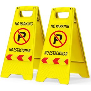 No Parking Signs, 2 Pack No Parking Signs with Stand, Double-Sided English & Spanish Text and Graphics Easier to Identify, Portable Folding Bright Yellow Warning Sign for Commercial Use Shop