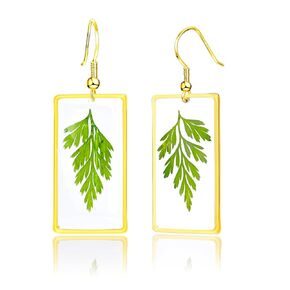 LETIMEFORU Handmade Real Fern Leaf Earrings, Green Pressed Leaf Natural Earrings, Dried Leaves Resin Jewelry, Birthday Gift (Silver Hooks)