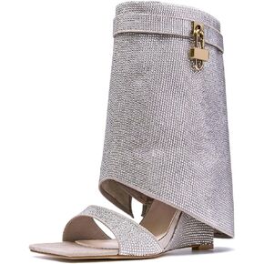 Women's Rhinestones Fold Over Shark Lock Boots Wedge Square Open Toe Side Zipper Glitter Mid Calf Ankle Boots Fashion Sparkly Summer Booties