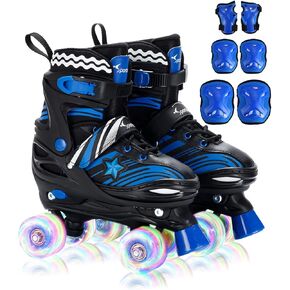 Roller Skates for Boys 4 Sizes Adjustable, Sportneer Light Up Kids Roller Skates for Age 6-12 Roller Skates with Protective Gears Illuminating Wheels Gift for Kids Beginner