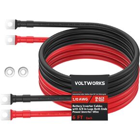 VOLTWORKS 2 AWG Gauge Red + Black Pure Copper Battery Inverter Cables Solar, RV, Car, Boat 6ft 3/8 in Lugs