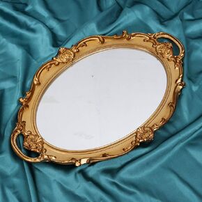 Oval Vintage Decorative Mirror Tray, Jewelry Dresser Organizer Tray, Cosmetics Makeup Storage Organizer, Serving Tray (9.8x 14.6 Inches) (Golden)