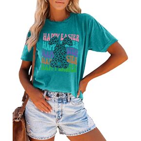 Happy Easter Shirts for Women Bunny Rabbit Graphic T-Shirt Easter Print Short Sleeve Tees Casual Tops