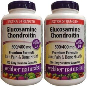2 bottles x Webber Naturals Glucosamine Chondroitin with vitamin D3, extra strength, 500/400 mg, Premium Formula, 300 capsules