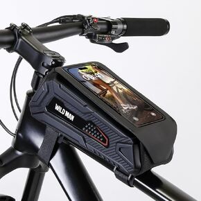 WILD MAN Bike Phone Bag Waterproof Bicycle Front Frame bag Duble Zipper Reflective Strip Bicycle Top Tube Phone Holder compatible with Phone Under 6.8"(Black and gray)