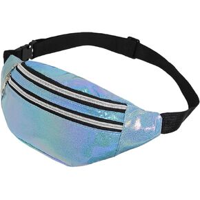 Holographic Fanny Pack, Sports Waist Bag with Zipper and Adjustable Waistband, Suitable for Men and Women’s Outdoor Activities and Travel with Metallic Crossbody Bag (Blue)