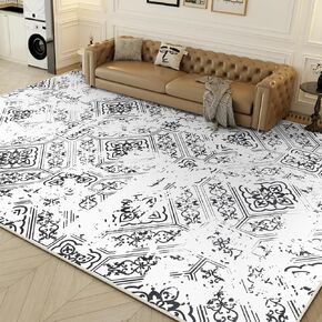 Washable Area Rug 5x7 - Soft Non-Slip Floral Area Rug, Non Shedding Low Pile Washable Carpet for Living Room Bedroom Dining Room - Light Black/White, 5'x7'