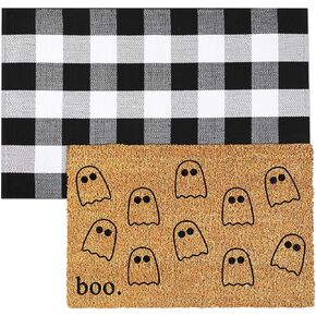 Duraaamo 2 Pcs Halloween Coir Doormat Outdoor Boo Ghost Welcome Mat Layered Buffalo Plaid Black and White Rug Natural Coir Door Mat Checkered Mat for Halloween Front Porch Entryway Decor