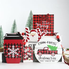Christmas Decorations 5PCS Tiered Tray Decor Xmas Decor Wooden Signs Tabletop Decoration Red and Black Buffalo Plaid Joy Sign Table Decor with Beads Garland for Christmas Party Wood Signs