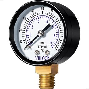 2" Dial Air Pressure Gauge, 1/4"NPT, 0-100Psi/bar Gas Test Pressure Gauge, Lower Mount