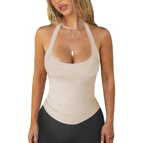 Womens Halter Top Deep Scoop Neck Low Cut Racerback Tank Top for Women Workout Ribbed Knit Fitted Sleeveless Cami Shirt