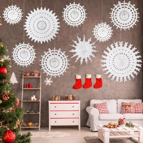 9 Pcs White Paper Snowflake Decorations Frozen Birthday Party Supplies Winter Wonderland Party Decoration Christmas Snowflakes Hanging Fan Décor