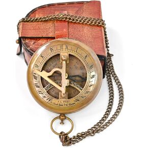 Brass Sundial Compass with Leather Case and Chain - Steampunk Accessory - Antiquated Finish - Beautiful Handmade Gift -Sundial Clock (Classic)
