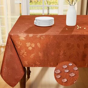 Smiry Fall Jacquard Tablecloth, 60x84 Inch Waterproof Autumn Leaves Damask Table Cloth, Rectangle Fabric Table Covers for Harvest Parties, and Thanksgiving Dinner, Rust
