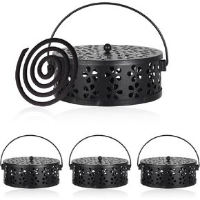 4 Pcs Mosquito Coil Holder Incense Coil Holder, Retro Iron Portable Hanging Outdoor Incense Burner Holder with Handle Round Metal Incense Holder for Home Camping Indoor Outdoor Patio (Black)