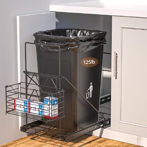 Cabinet Trash Can Pull Out Kit with Removable Garbage Bag Holder Under Sink Trash Can Pull Out Slider for 28–44 Quart Cans Up to 125 lb- (Can Not Included) (Black)