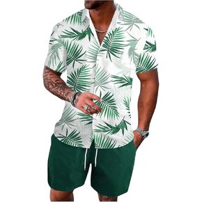 SOLY HUX Men's Plus Size 2 Piece Outfits Tropical Print Button Down Short Sleeve Shirt and Drawstring Shorts Set
