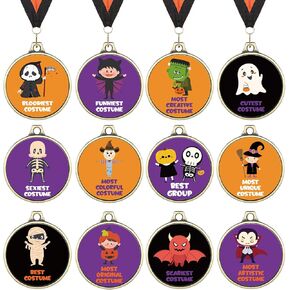 Sasylvia 12 Pcs Halloween Costume Contest Award Medals Halloween Contest Medals Cute Costume Awards Pumpkin Bat Skeleton Witch Halloween Trophy for Kid Adult Party Supplies Decoration, 12 Style