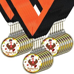 Sasylvia Thanksgiving Turkey Gold Medals 2'' Metal Colorful Turkey Trot Medals with Ribbon Leaves Wreath Turkey Race Medals Great Thanksgiving Awards