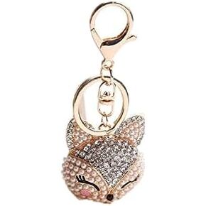 ISYSUII Faux Rabbit Fur Pom Pom Keychain,Fox Head Keychain with Rhinestones Creative Animal Key Chains Ring Bag Charms Purse Handbags Car Key Wallet Backpack Pendant for Girls Gifts,Dark Red