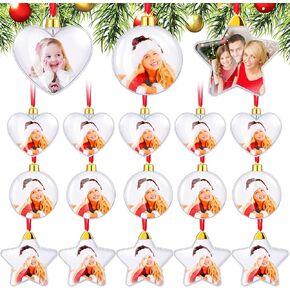24 Pcs Christmas Photo Ornament Ball Clear Picture Frame Ornament Christmas Decorative Hanging Ornament DIY Christmas Star Oblate Round Heart Photo Baubles for Xmas Tree(Round, Heart, Star, Oblate)