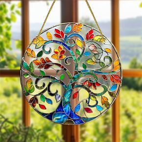 Big Tree Stained Indoor Outdoor Window Hanging Large Round Stained Wall Hanging Acrylic Panels Bedroom Garden Kitchen Wall Decor Gifts for Women Mom Grandma Teacher