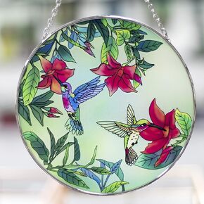 Aleena Studios Red Mandevilla Humming Birds Stained Glass Window Hanging Sun Catcher Halloween Decor Christmas Decorations (1Large Circle 6.5'')