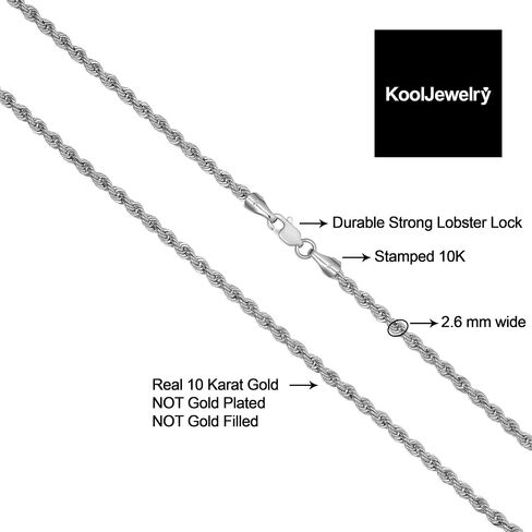 Kooljewelry 10k الذهب الأصفر أو الأبيض 2.6 ملم سلسلة حبل كلاسيكية للرجال والنساء (16، 18، 20، 22، 24، 26 أو 30 بوصة) in Saudi Arabia
