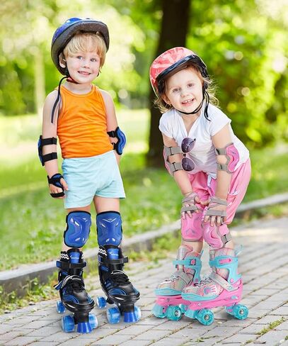 زلاجات دوارة للأولاد 4 مقاسات قابلة للتعديل، زلاجات رياضية مضيئة للأطفال من سن 6 إلى 12 زلاجات دوارة مع تروس واقية وعجلات مضيئة هدية للأطفال المبتدئين in Kuwait