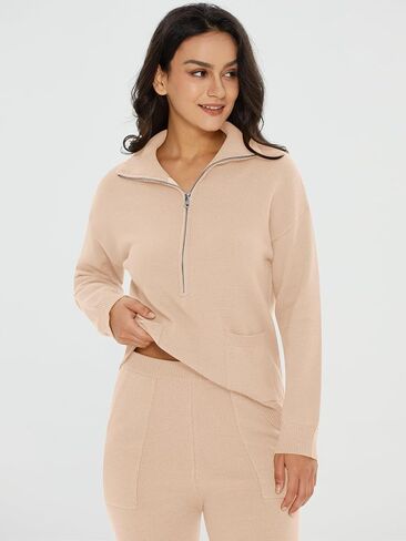 أطقم كنزة نسائية من DEEP SELF مكونة من قطعتين وأكمام طويلة بلوفر نصف سحاب بنطال رياضي أطقم صالة مع جيوب in Kuwait