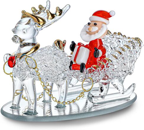 H&D HYALINE & DORA Blown Glass Santa Sleigh Figurines, Handmade Christmas Collectible Decorations,Mini Glass Christmas Figurines for Indoor Decorations & Holiday Displays in Kuwait