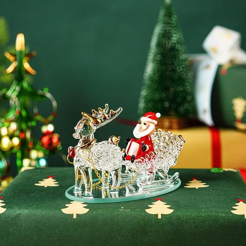 H&D HYALINE & DORA Blown Glass Santa Sleigh Figurines, Handmade Christmas Collectible Decorations,Mini Glass Christmas Figurines for Indoor Decorations & Holiday Displays in Kuwait