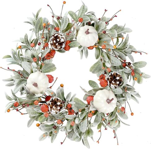 Sggvecsy Fall Wreath 20’’ Autumn Front Door Wreath Harvest Wreath with Flocked Lambs Ear White Pumpkins Pine Cones Various Berries for Outside Indoor Home Wall Festival Thanksgiving Farmhouse Decor in Saudi Arabia