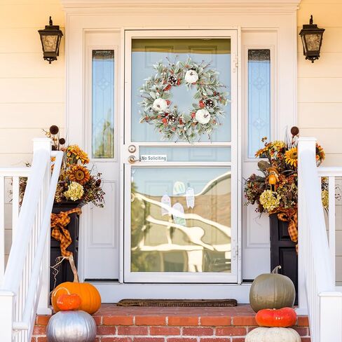 Sggvecsy Fall Wreath 20’’ Autumn Front Door Wreath Harvest Wreath with Flocked Lambs Ear White Pumpkins Pine Cones Various Berries for Outside Indoor Home Wall Festival Thanksgiving Farmhouse Decor in Saudi Arabia