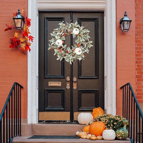 Sggvecsy Fall Wreath 20’’ Autumn Front Door Wreath Harvest Wreath with Flocked Lambs Ear White Pumpkins Pine Cones Various Berries for Outside Indoor Home Wall Festival Thanksgiving Farmhouse Decor in Saudi Arabia